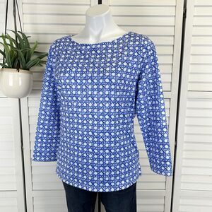 Vineyard Vines UPF Simple Printed Boatneck Tee Blue White Geo‎ 3/4 Shirt Size M